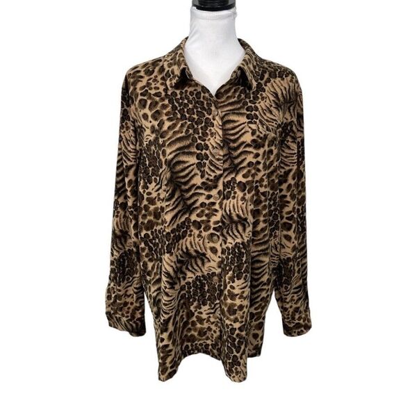 JM Collection Blouse Sz 18 Animal Print Collared  3/4 Sleeve Button Down V Neck - Picture 1 of 10